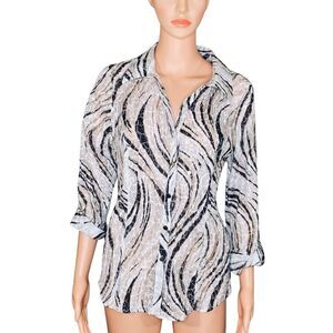 JM Collection Zebra Print Button-Up Blouse 3-4 Sleeve Semi Sheer Womens Size Med